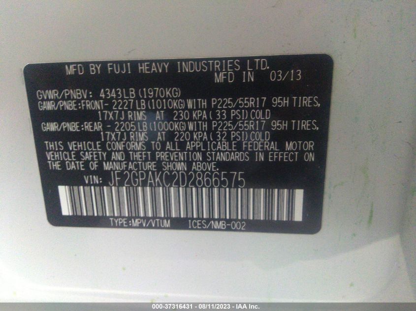 2013 SUBARU XV CROSSTREK 2.0 LIMITED - JF2GPAKC2D2866575