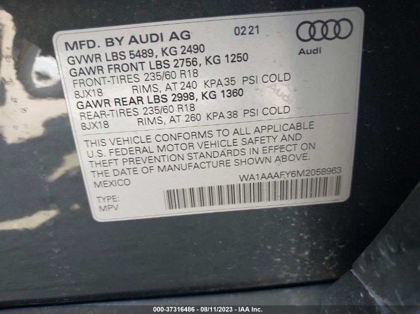 WA1AAAFY6M2058963 2021 AUDI Q5, photo no. 9