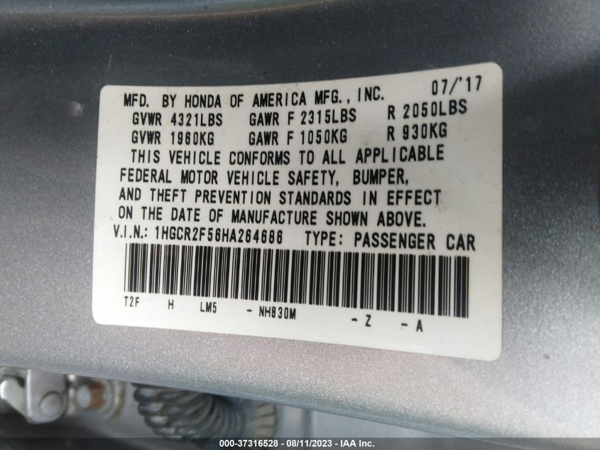 2017 HONDA ACCORD SEDAN SPORT - 1HGCR2F56HA264686
