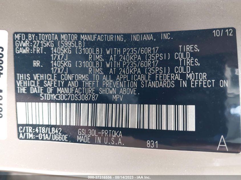 2013 TOYOTA SIENNA XLE AAS/XLE/LTD - 5TDYK3DC7DS308787