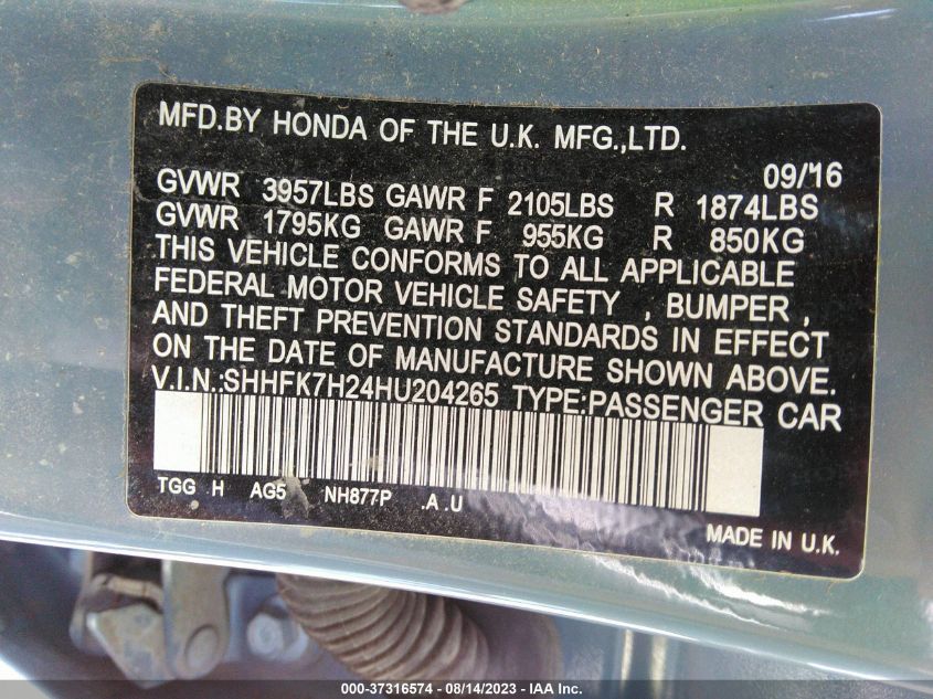 2017 HONDA CIVIC HATCHBACK LX - SHHFK7H24HU204265