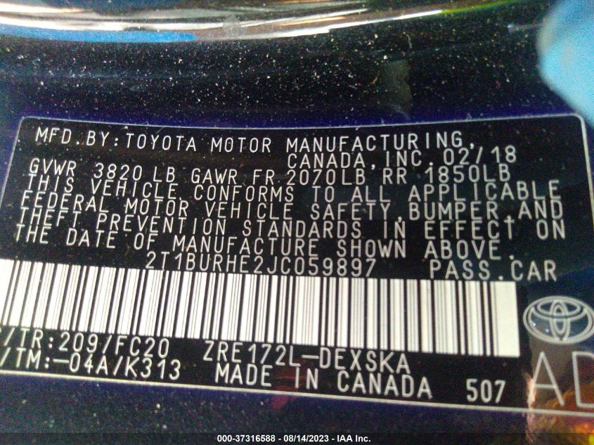 2018 TOYOTA COROLLA L/LE/XLE/SE/XSE - 2T1BURHE2JC059897