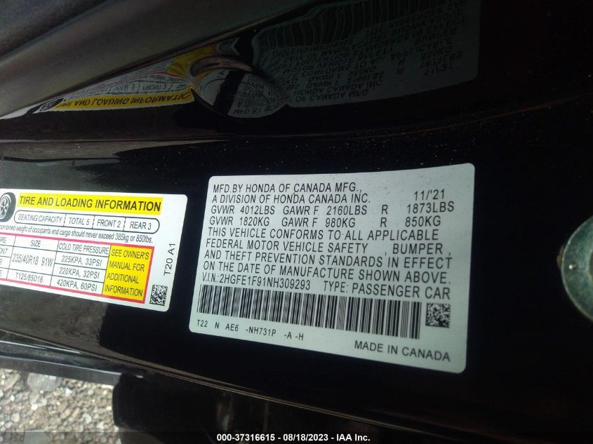 2022 HONDA CIVIC SEDAN TOURING - 2HGFE1F91NH309293