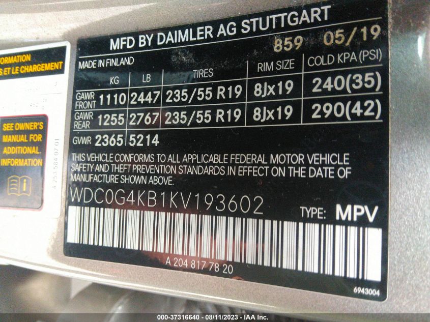 2019 MERCEDES-BENZ GLC GLC 300 - WDC0G4KB1KV193602