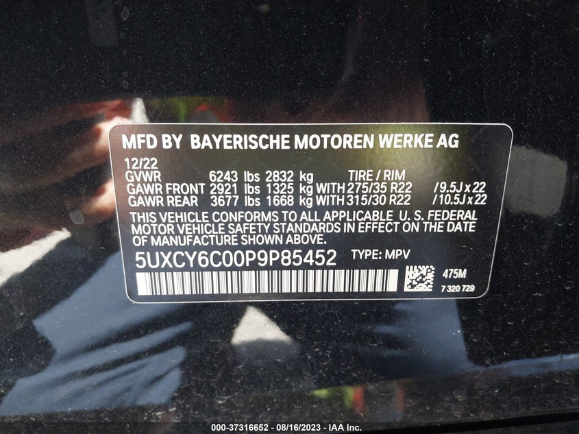 VIN: 5UXCY6C00P9P85452 2023 BMW X6 XDRIVE40I