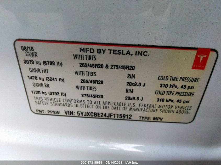2018 TESLA MODEL X - 5YJXCBE24JF115912