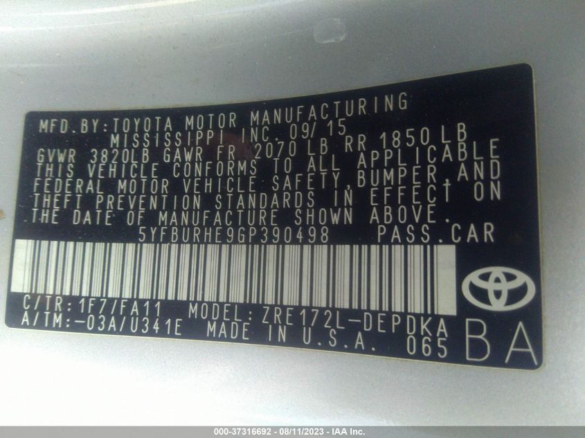2016 TOYOTA COROLLA L/LE/S/S PLUS/LE PLUS - 5YFBURHE9GP390498