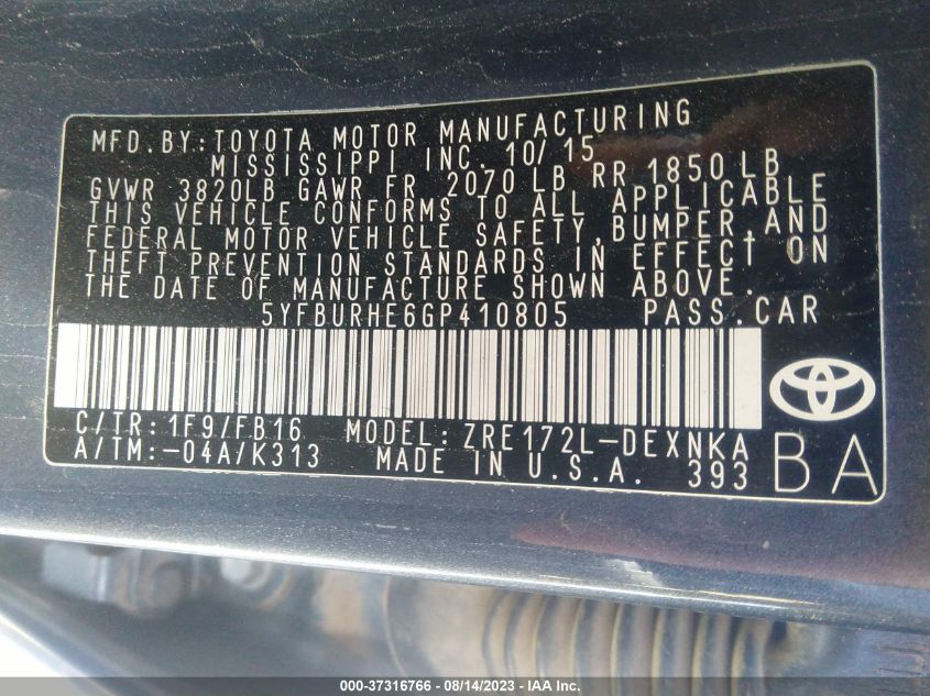 2016 TOYOTA COROLLA L/LE/LE PLS/PRM/S/S PLS - 5YFBURHE6GP410805