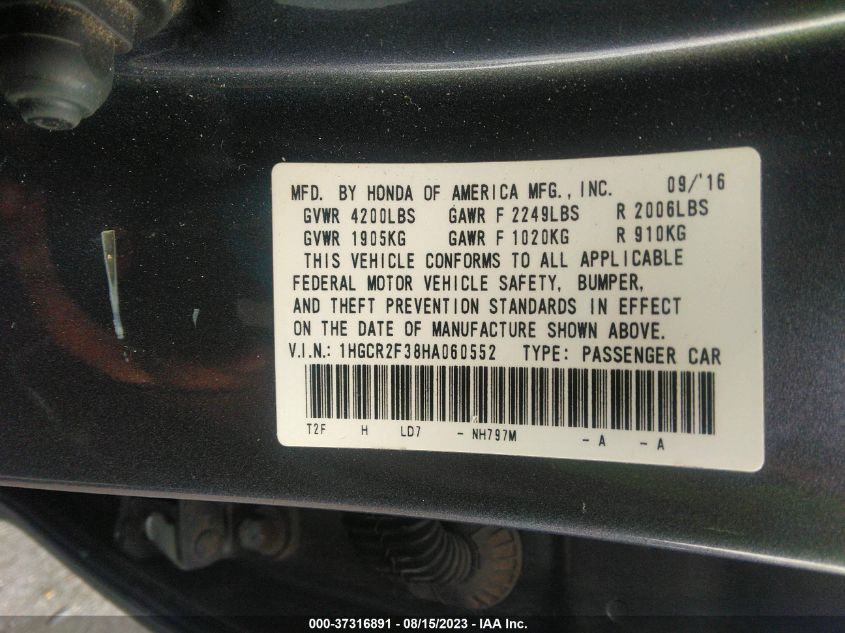 2017 HONDA ACCORD SEDAN LX - 1HGCR2F38HA060552