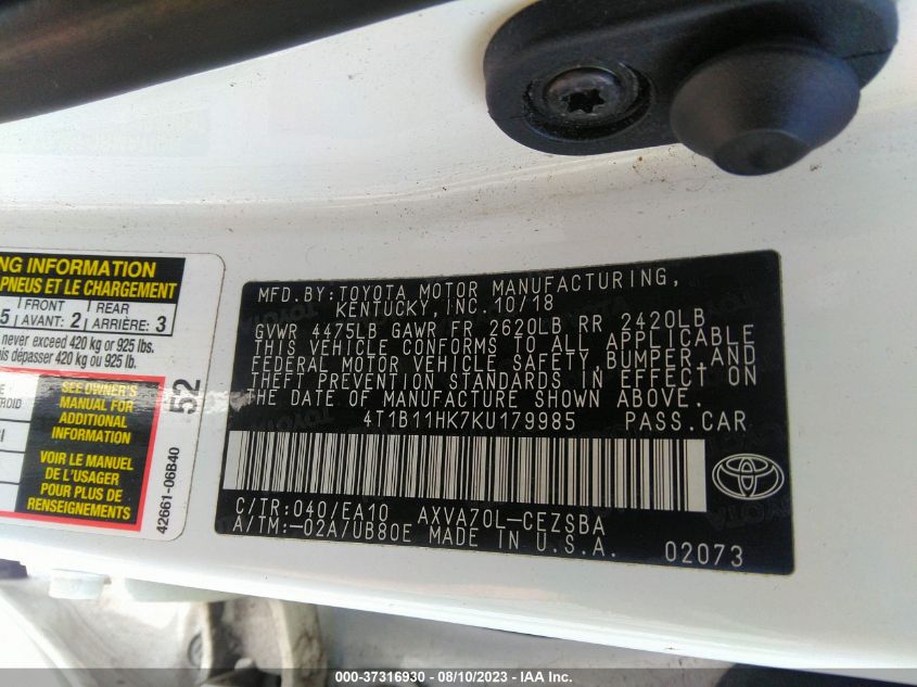 2019 TOYOTA CAMRY LE/SE/XLE/L - 4T1B11HK7KU179985