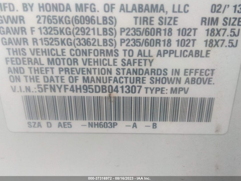 2013 HONDA PILOT TOURING - 5FNYF4H95DB041307