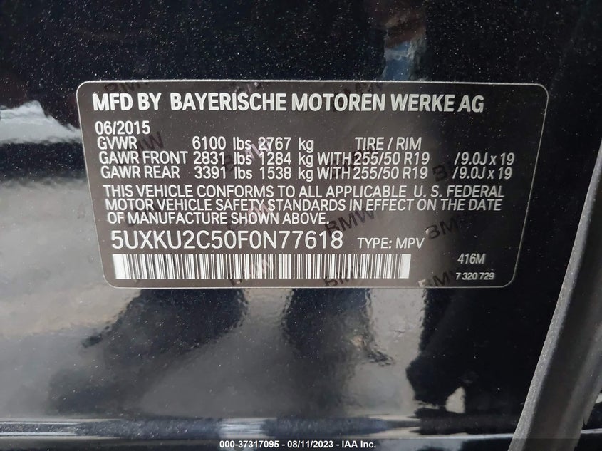 2015 BMW X6 XDRIVE35I VIN: 5UXKU2C50F0N77618
