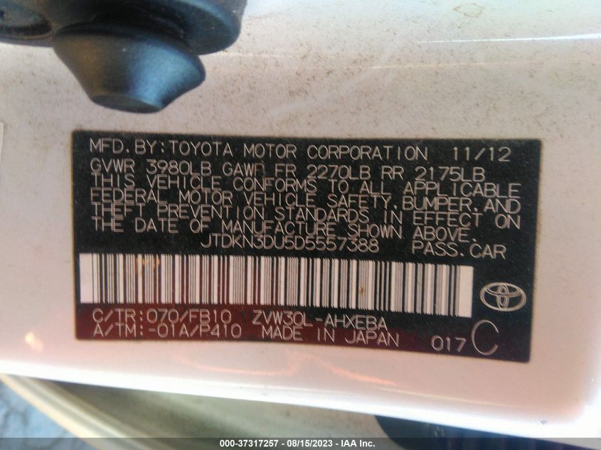 2013 TOYOTA PRIUS ONE/TWO/THREE/FOUR/FIVE - JTDKN3DU5D5557388