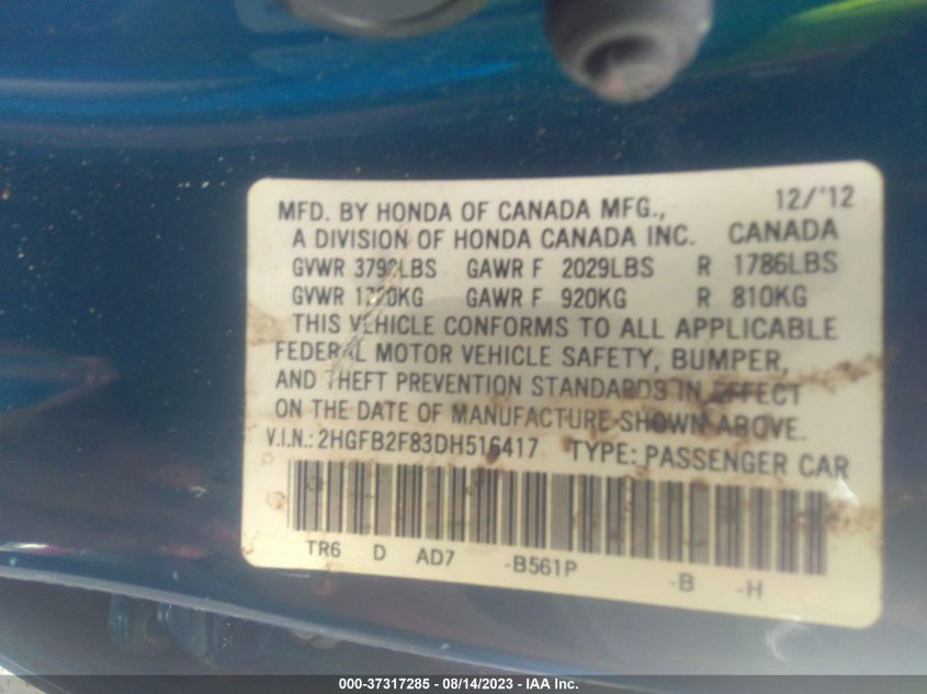 2013 HONDA CIVIC SDN EX - 2HGFB2F83DH516417