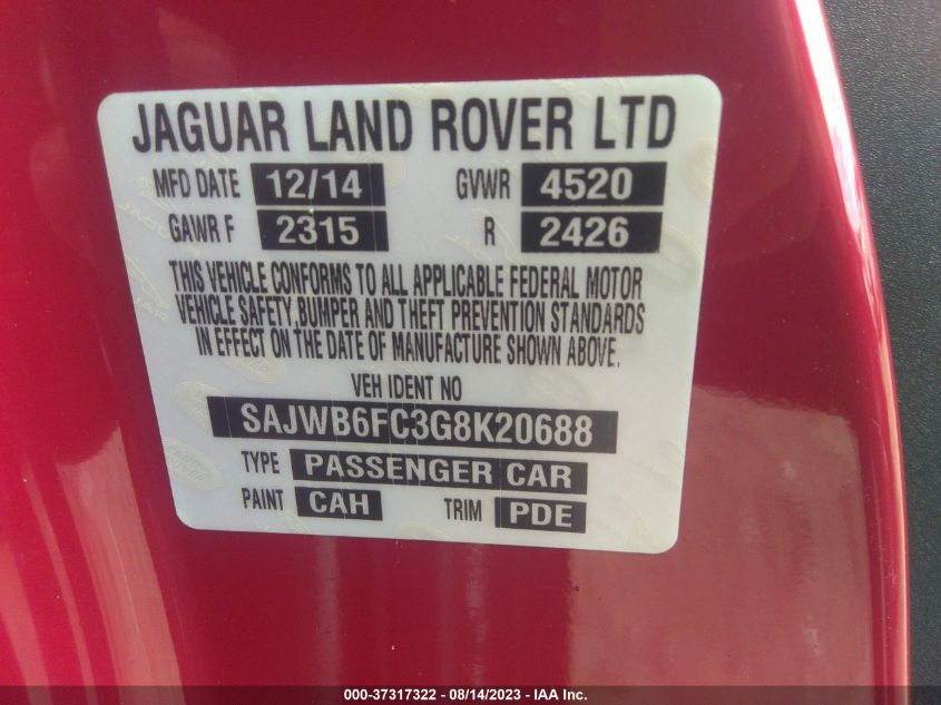 2016 JAGUAR F-TYPE S - SAJWB6FC3G8K20688