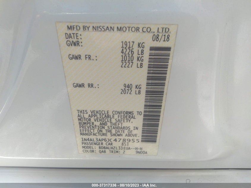 VIN 1N4AL3AP6JC478955 2018 NISSAN ALTIMA 2.5 SR