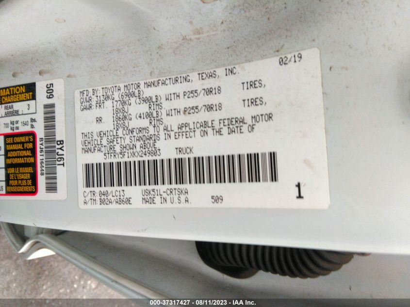 2019 TOYOTA TUNDRA 2WD SR/SR5/LIMITED 5TFRY5F1XKX249803