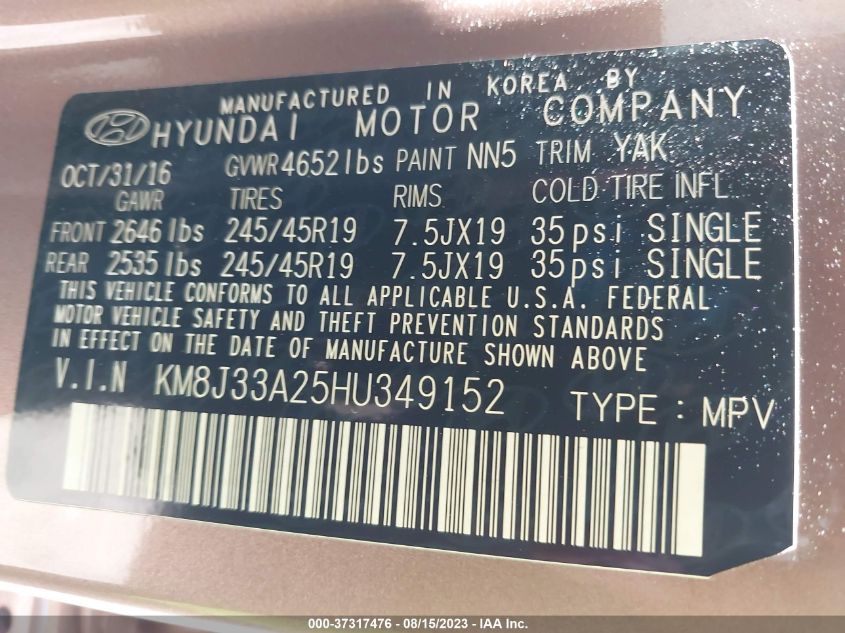 2017 HYUNDAI TUCSON LIMITED/SPORT AND ECO/SE - KM8J33A25HU349152