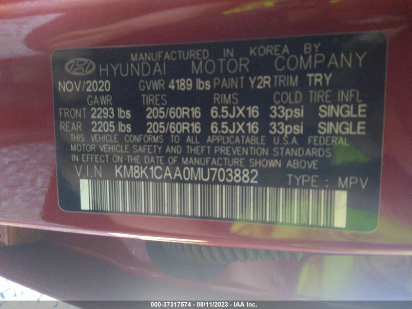 2021 HYUNDAI KONA SE - KM8K1CAA0MU703882