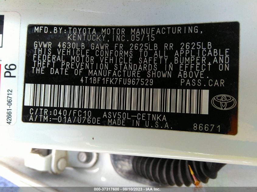 2015 TOYOTA CAMRY XLE/SE/LE/XSE - 4T1BF1FK7FU967529