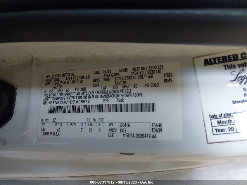 2013 FORD ECONOLINE CARGO VAN COMMERCIAL/RECREATIONAL 1FTNE2EW1DDA98972