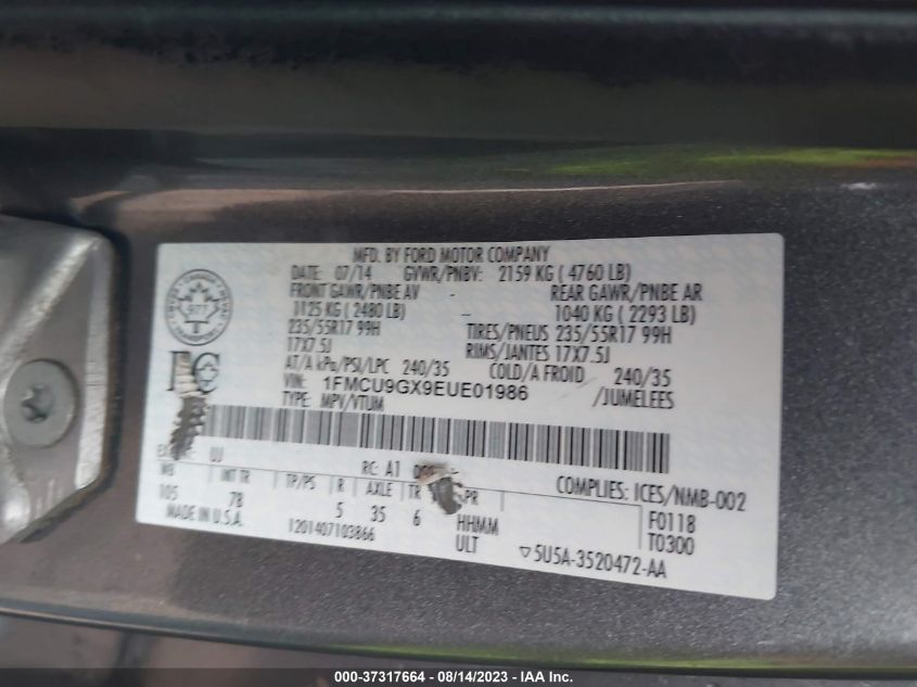 2014 FORD ESCAPE SE - 1FMCU9GX9EUE01986