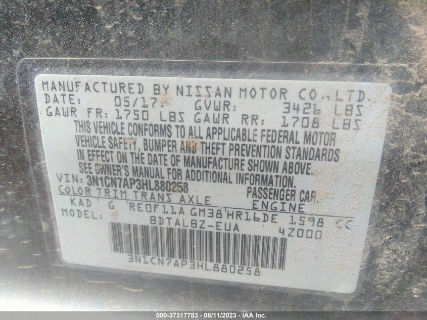 2017 NISSAN VERSA SEDAN SV - 3N1CN7AP3HL880258
