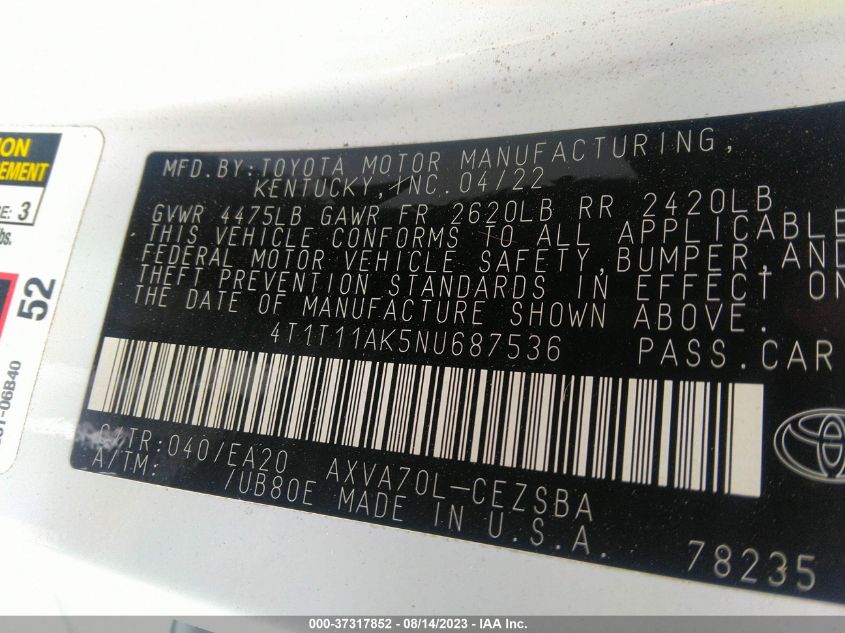 2022 TOYOTA CAMRY SE - 4T1T11AK5NU687536