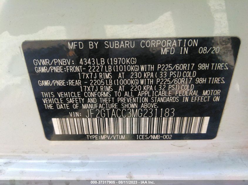 2021 SUBARU CROSSTREK PREMIUM - JF2GTACC3MG231183