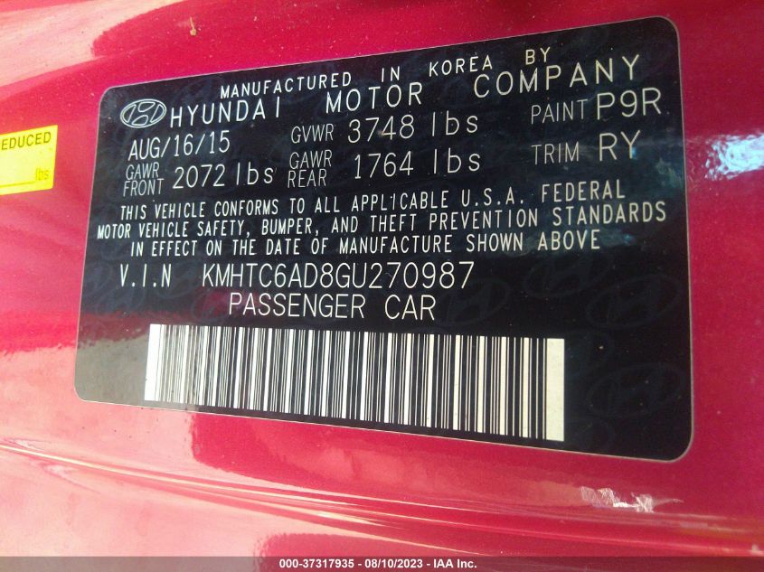 2016 HYUNDAI VELOSTER - KMHTC6AD8GU270987