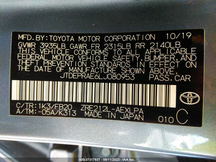2020 TOYOTA COROLLA LE - JTDEPRAE6LJ080953
