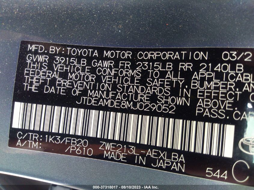2021 TOYOTA COROLLA HYBRID LE - JTDEAMDE8MJ029052