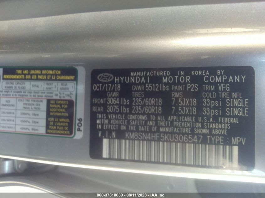 2019 HYUNDAI SANTA FE XL SE KM8SN4HF5KU306547