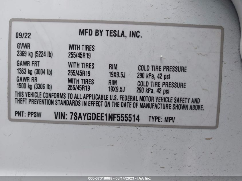 7SAYGDEE1NF555514 Tesla Model Y LONG RANGE 9