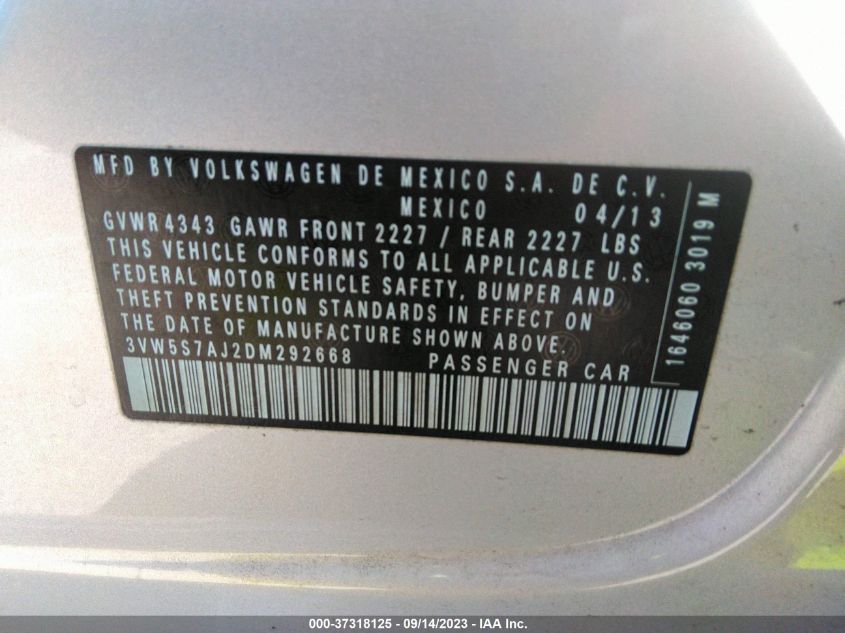 2013 VOLKSWAGEN GLI AUTOBAHN W/NAV 3VW5S7AJ2DM292668
