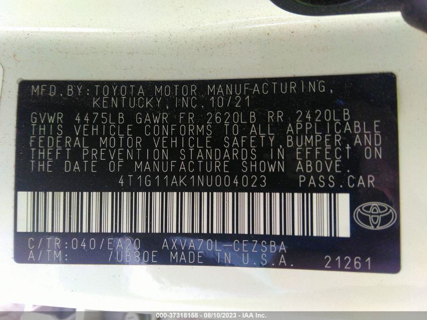 2022 TOYOTA CAMRY SE - 4T1G11AK1NU004023