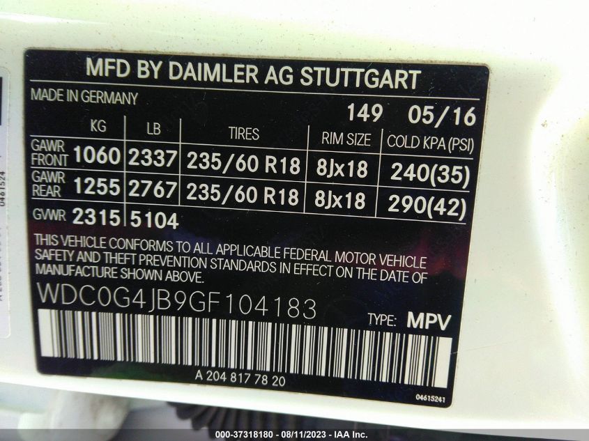 2016 MERCEDES-BENZ GLC GLC 300 - WDC0G4JB9GF104183
