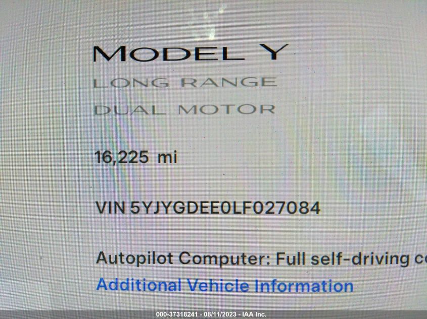 2020 TESLA MODEL Y LONG RANGE - 5YJYGDEE0LF027084