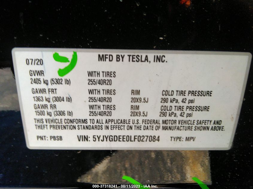 2020 TESLA MODEL Y LONG RANGE - 5YJYGDEE0LF027084