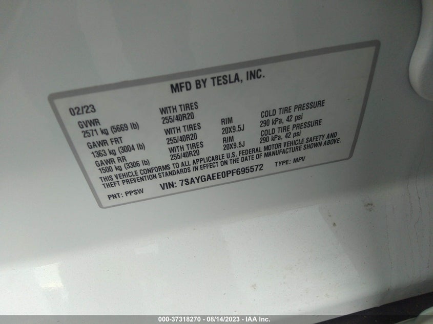 VIN 7SAYGAEE0PF695572 2023 TESLA MODEL Y
