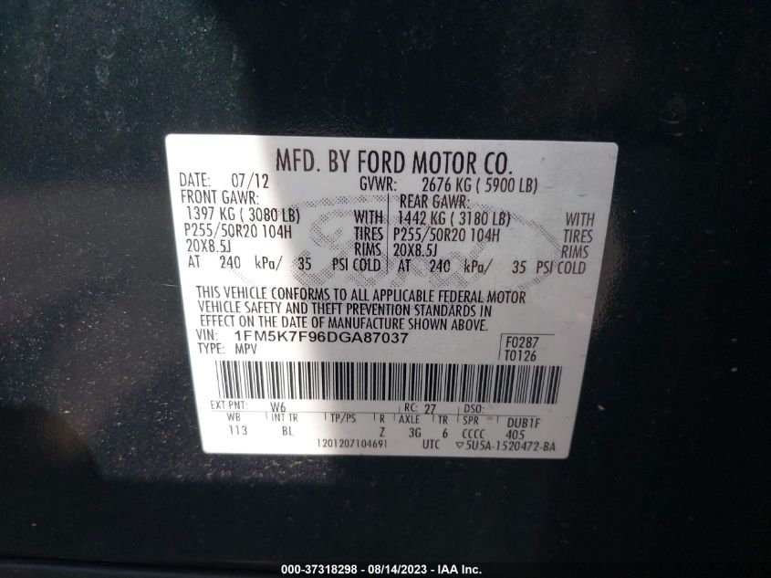 2013 FORD EXPLORER LIMITED - 1FM5K7F96DGA87037