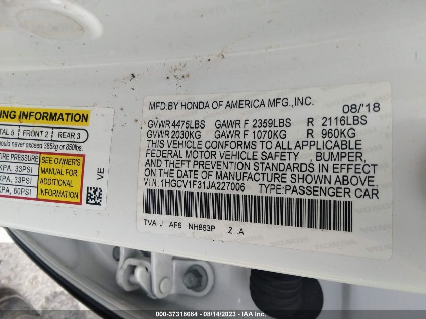 2018 HONDA ACCORD SEDAN SPORT 1.5T - 1HGCV1F31JA227006