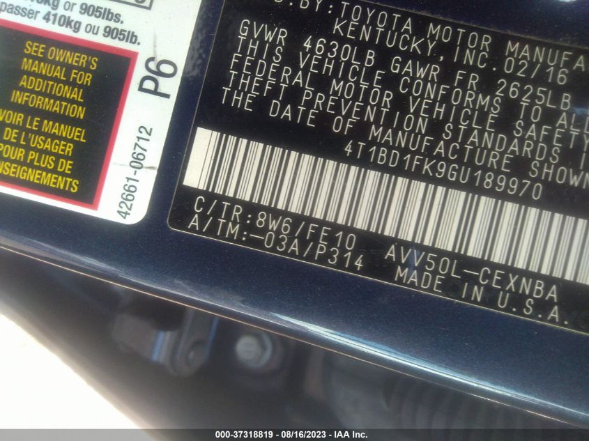 2016 TOYOTA CAMRY HYBRID LE/XLE/SE - 4T1BD1FK9GU189970