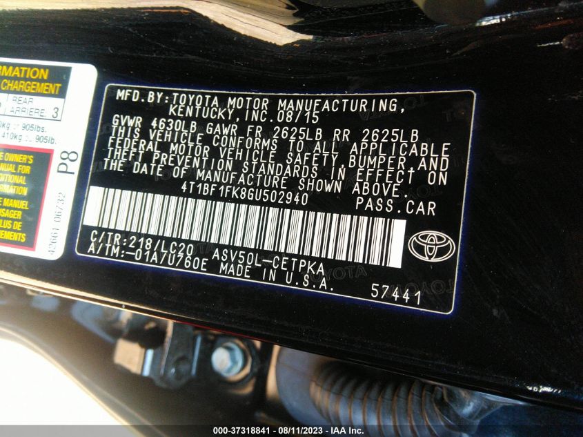 2016 TOYOTA CAMRY XLE/SE/LE/XSE - 4T1BF1FK8GU502940