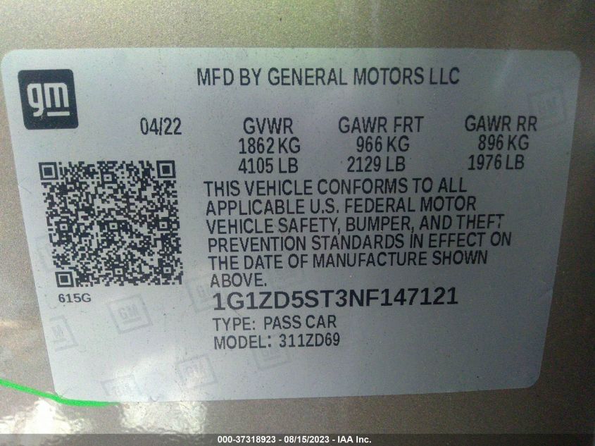 2022 CHEVROLET MALIBU LT - 1G1ZD5ST3NF147121
