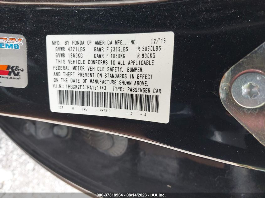 2017 HONDA ACCORD SEDAN SPORT - 1HGCR2F51HA121743