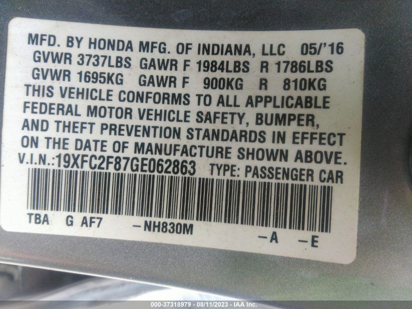 2016 HONDA CIVIC SEDAN EX - 19XFC2F87GE062863