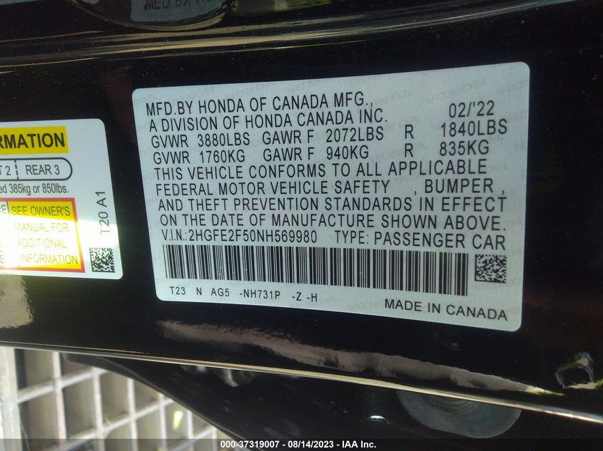 VIN 2HGFE2F50NH569980 2022 HONDA CIVIC SEDAN SPORT
