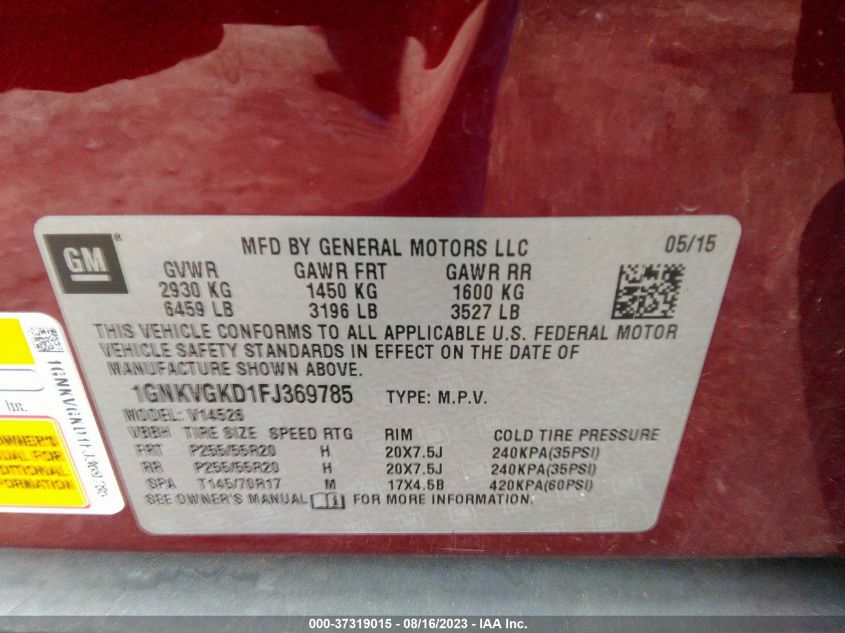 2015 CHEVROLET TRAVERSE LT - 1GNKVGKD1FJ369785