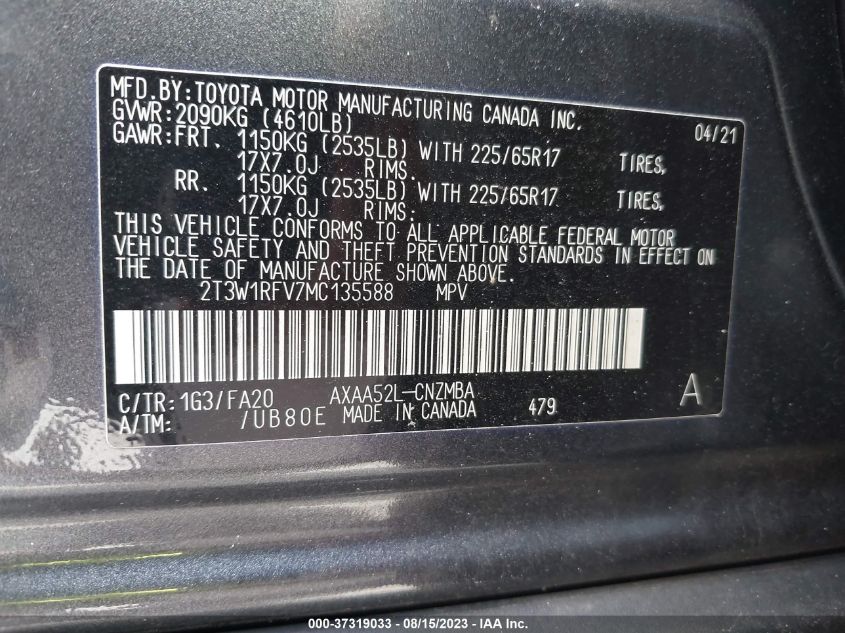 VIN 2T3W1RFV7MC135588 2021 TOYOTA RAV4 no.9